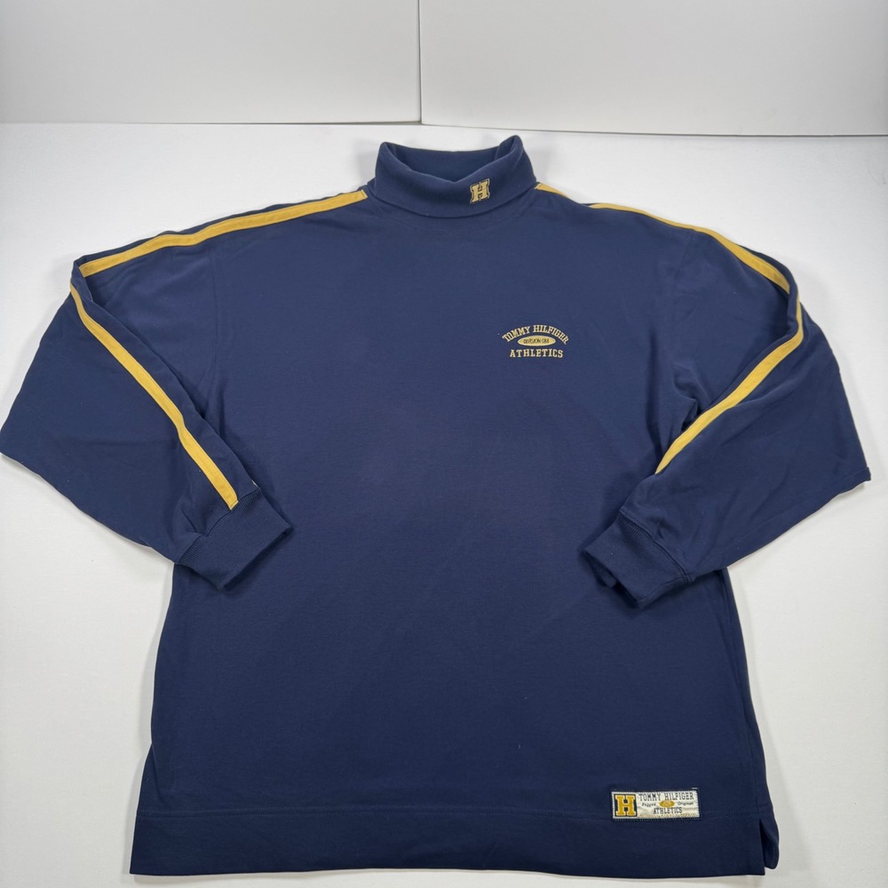 Tommy Hilfiger Athletics Vintage Mock Neck Shirt Navy Yellow Stripe Mens Large